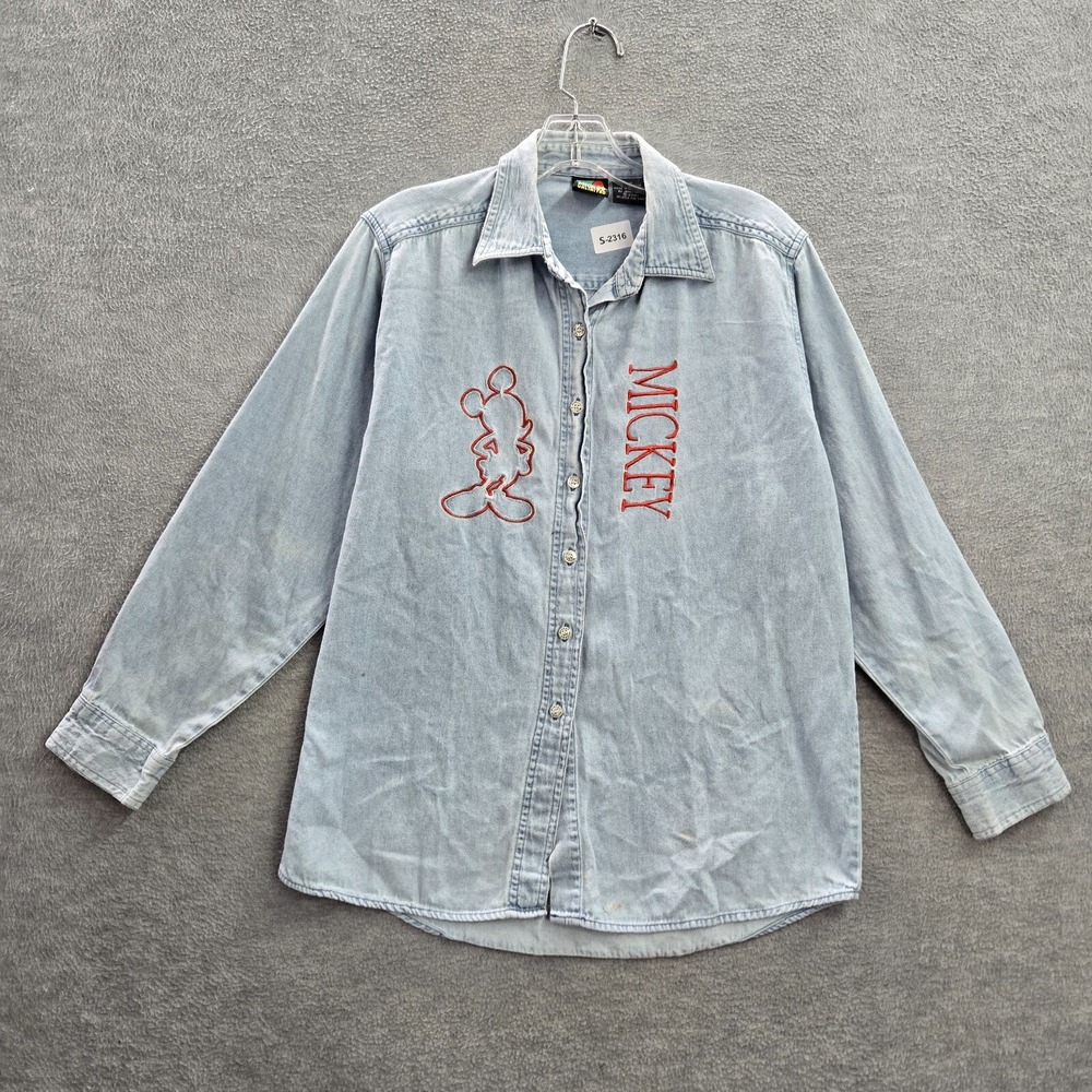 VINTAGE Mickey Unlimited Women Top Small Blue Denim Logo Embroidered 90s READ